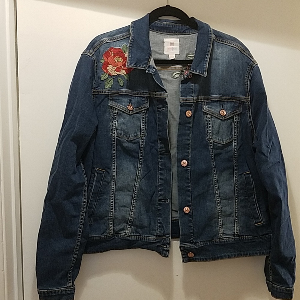 Soft denim jean jacket with embroidered roses